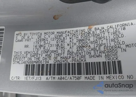 2011 Toyota Tacoma Base V6 z USA, uszkodzony, nr VIN 3TMLU4EN8BM066194
